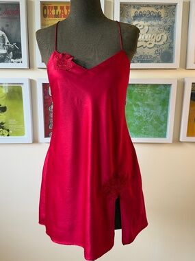 Vintage Y2K Ruby Red Satin Slip Dress | Floral Appliqué Mini Slip | Open Back